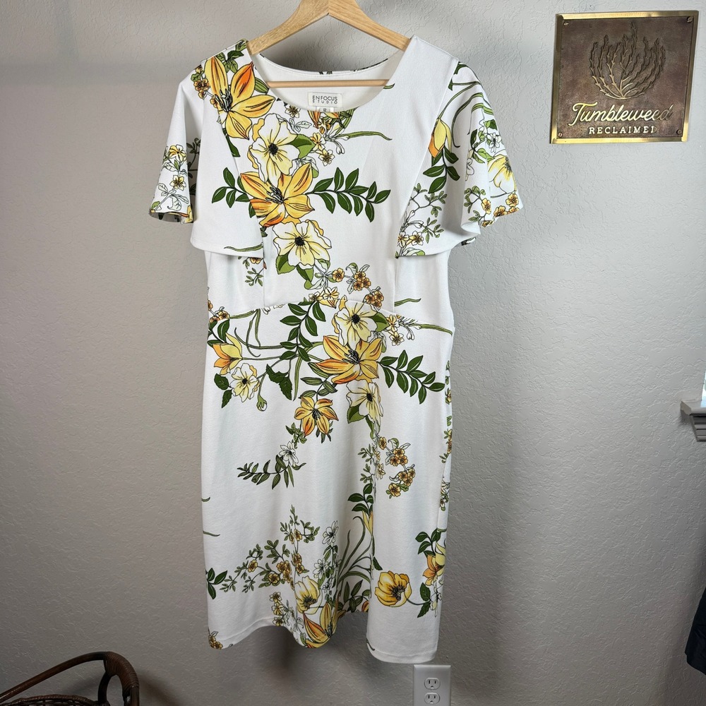 Enfocus Studio Womens Floral Sheath Dress White Yellow‎ Flutter Sleeve Size 12 - Picture 6 of 9